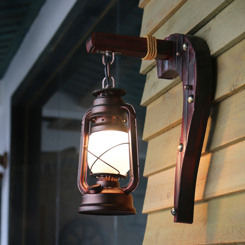 Skørter | Antique Copper One Light Wall Lamp Light Rustic Opal Glass Kerosene Lighting Fixture with Wooden Backplate