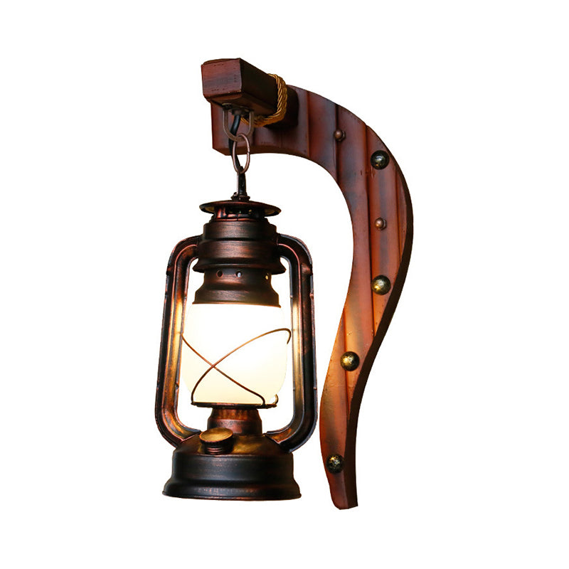 Skørter | Antique Copper One Light Wall Lamp Light Rustic Opal Glass Kerosene Lighting Fixture with Wooden Backplate