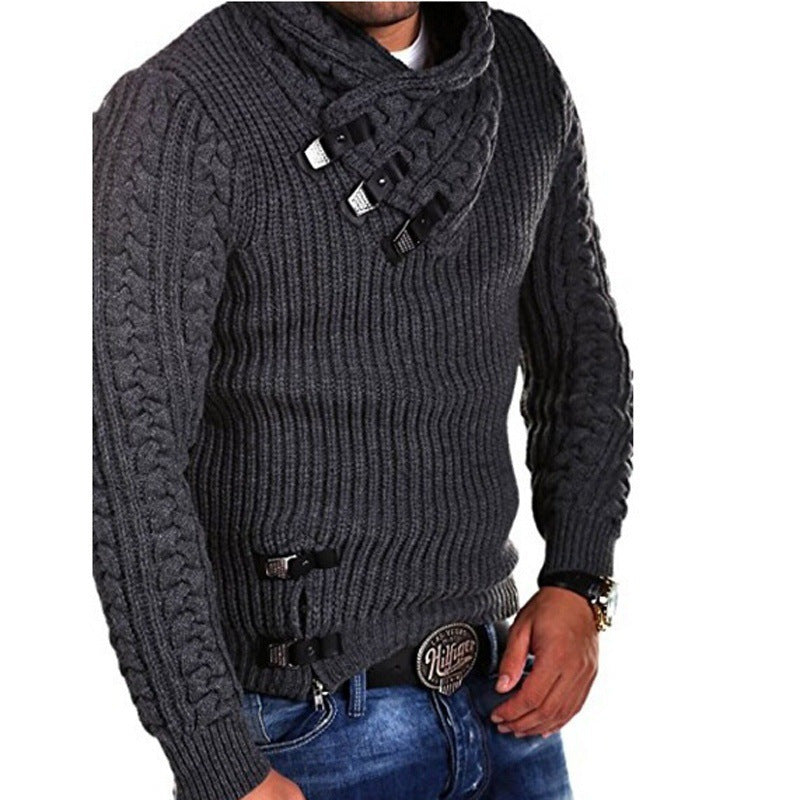 Men's chunky knit sweater with flexible collar and decorative closures Lisslune