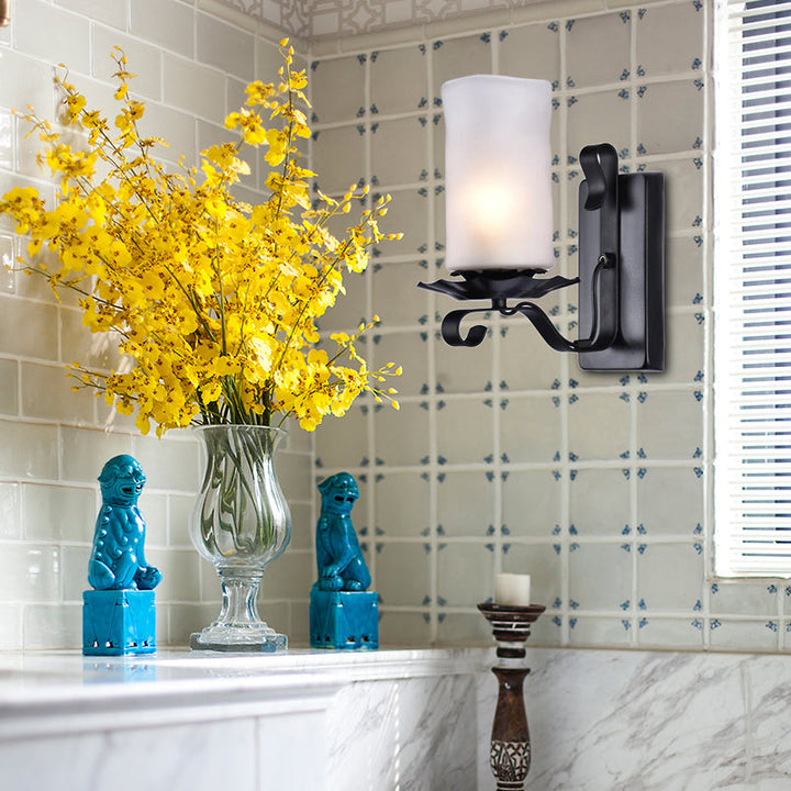 Lisslune | Cylinder Bathroom Wall Light Industrial Frosted Glass 1 Light Black Wall Light