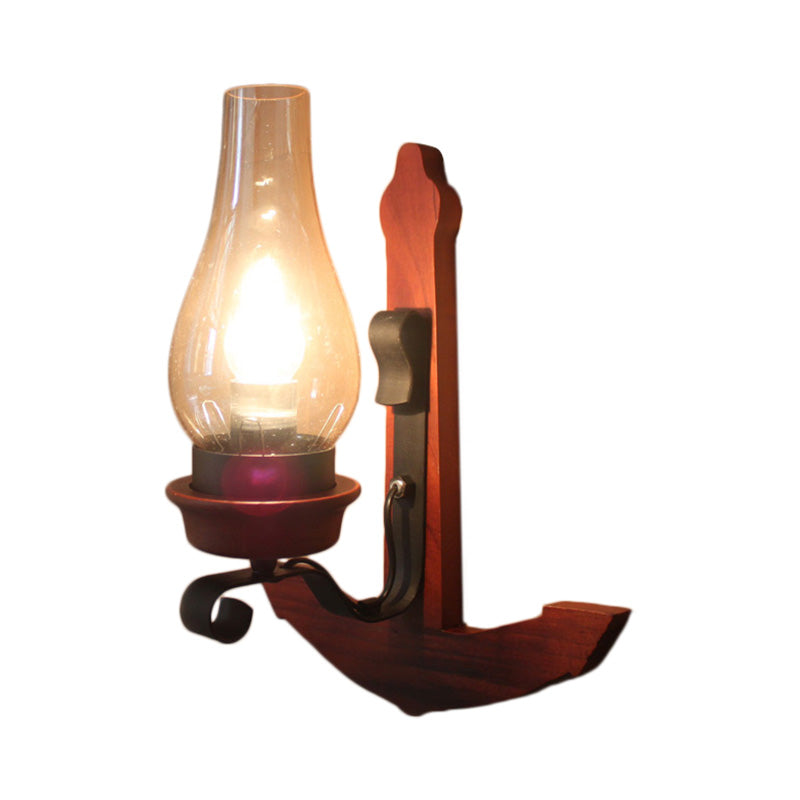 Lisslune | Vase Porch Wall Lamp Light Fixture Industrial Clear Glass Red Colored Wall Lamp with Wooden Back Plate