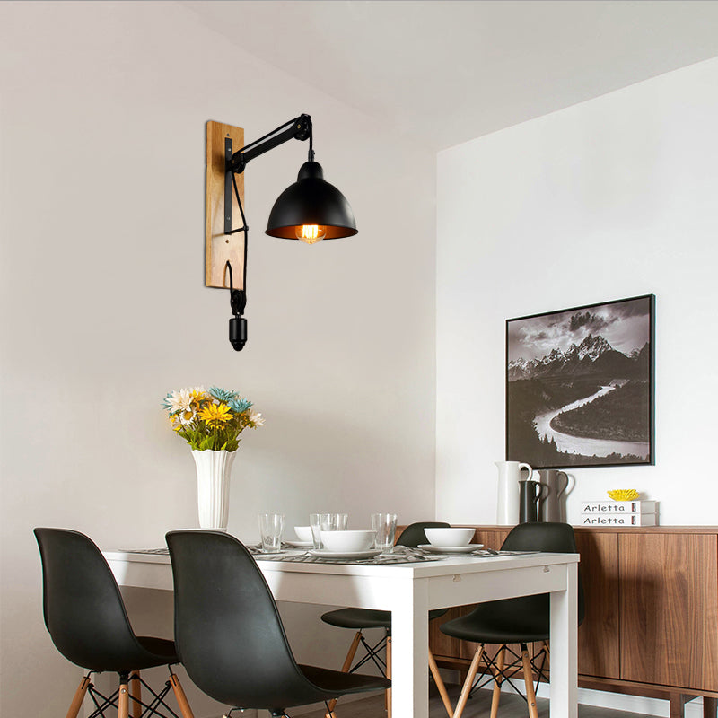 Lisslune | Curved Interior Wall Mount Light Industrial Metal 1 Head Black Wall Lamp with Beige/Brown Wood Backing and Pulley