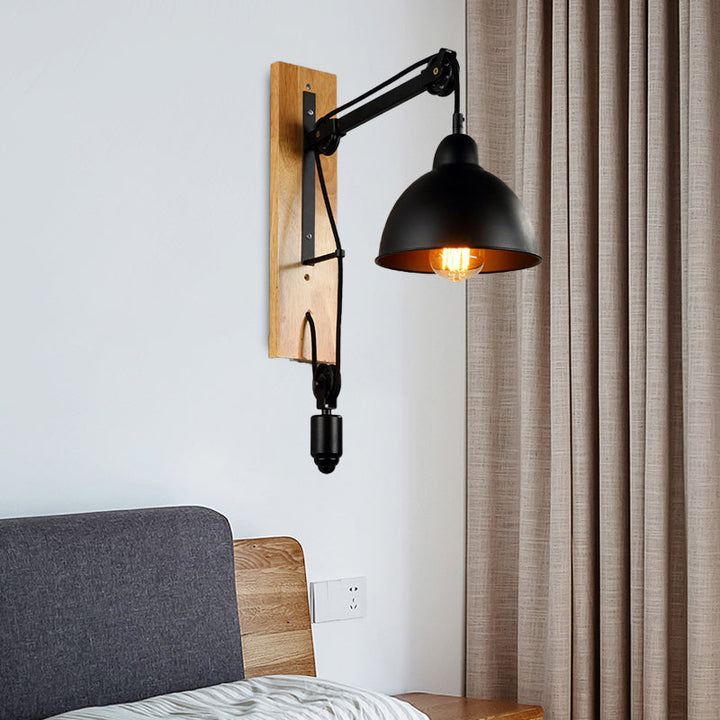 Lisslune | Curved Interior Wall Mount Light Industrial Metal 1 Head Black Wall Lamp with Beige/Brown Wood Backing and Pulley