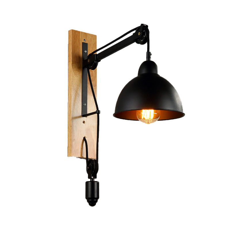 Lisslune | Curved Interior Wall Mount Light Industrial Metal 1 Head Black Wall Lamp with Beige/Brown Wood Backing and Pulley