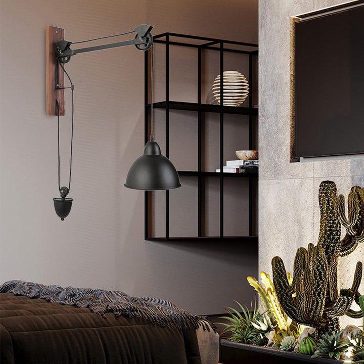 Lisslune | Curved Interior Wall Mount Light Industrial Metal 1 Head Black Wall Lamp with Beige/Brown Wood Backing and Pulley