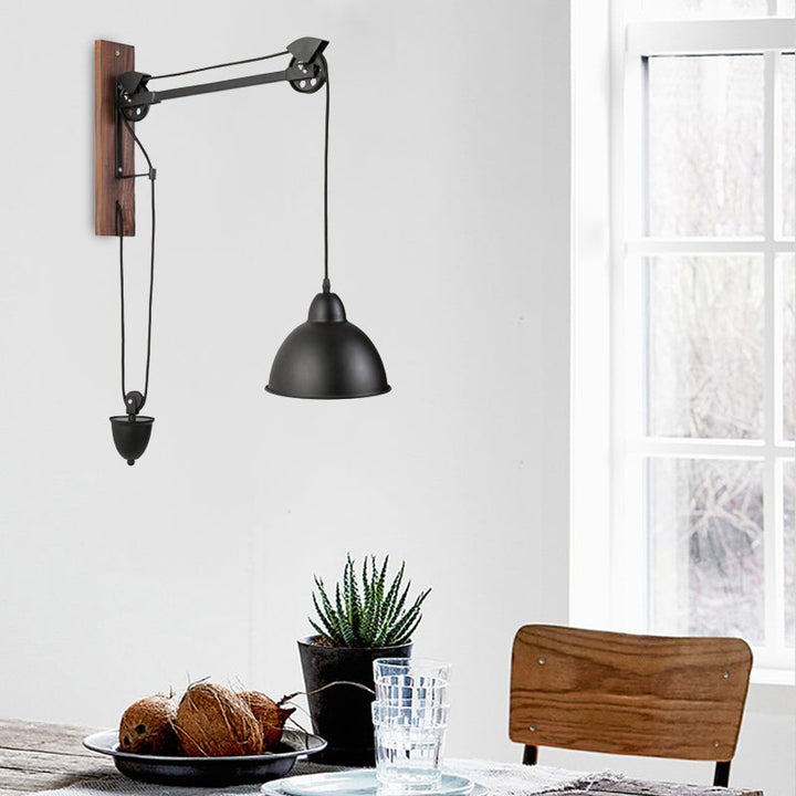 Lisslune | Curved Interior Wall Mount Light Industrial Metal 1 Head Black Wall Lamp with Beige/Brown Wood Backing and Pulley