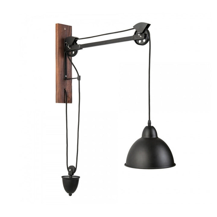 Lisslune | Curved Interior Wall Mount Light Industrial Metal 1 Head Black Wall Lamp with Beige/Brown Wood Backing and Pulley