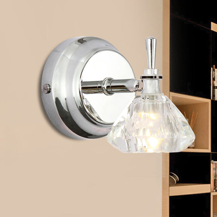 Lisslune | Diamond Bathroom Wall Light Modern Clear Angled Crystal 1 Bulb Chrome Wall Light