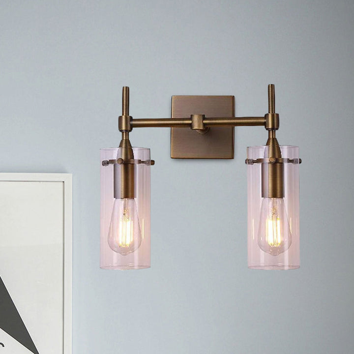 Lisslune | Clear Glass Cylinder Wall Lantern Modern 2 Lights Dining Room Lighting Fixture in Patina Brass