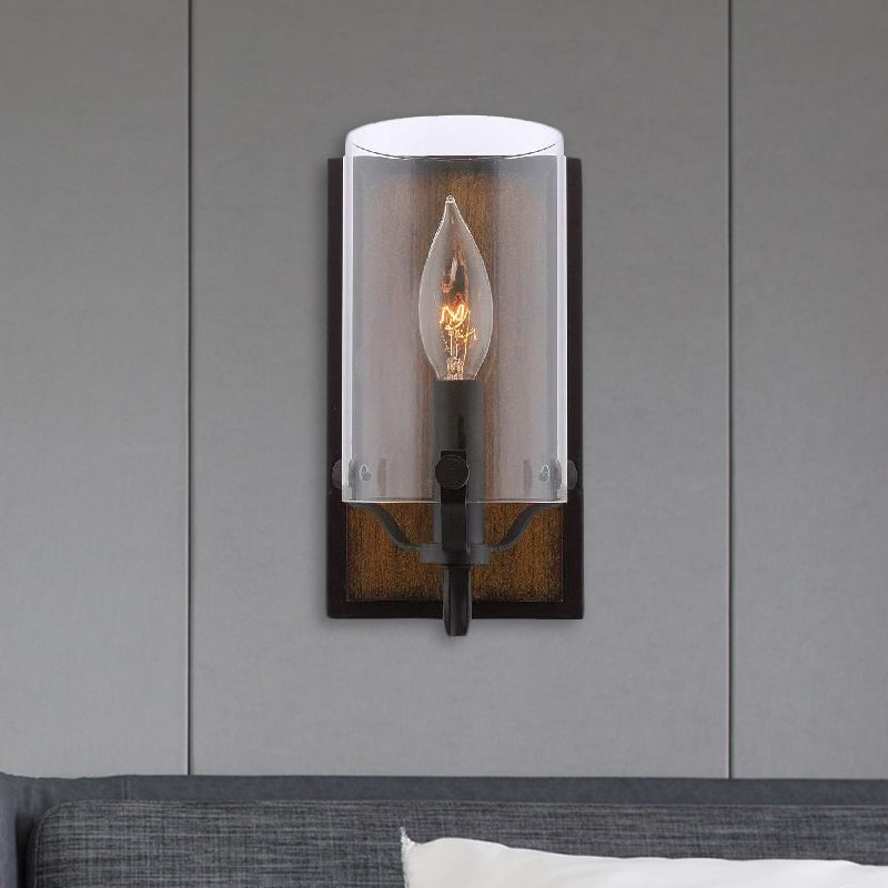Lisslune | 1 Bulb Cylinder Wall Mounted Light Industrial Brown Clear Glass Lighting with Wood Back Plate