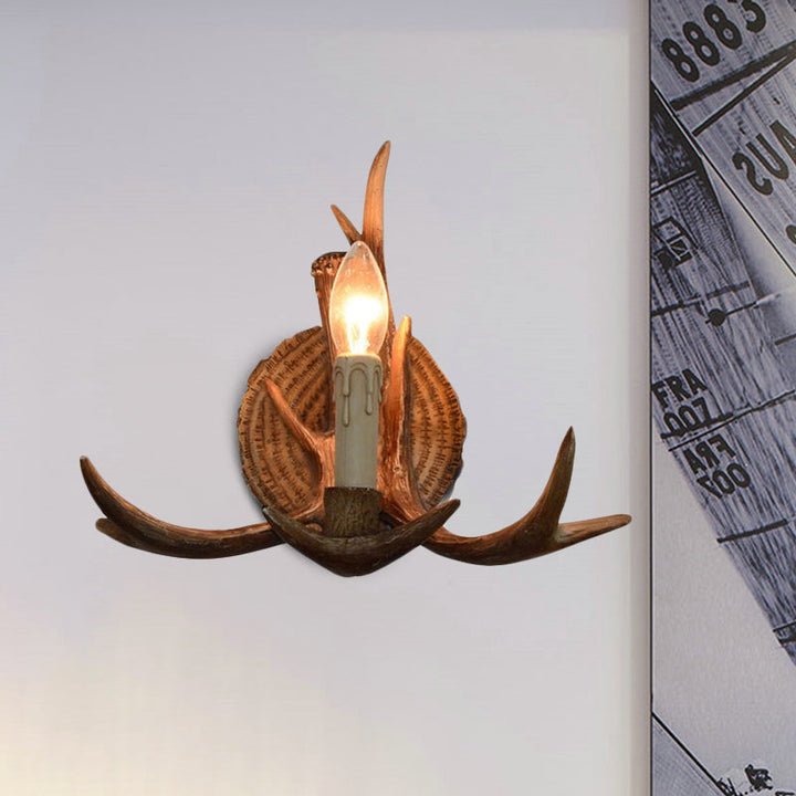 Skørter | Resin Candle Holder Wall Lamp with Deer Antlers Deco 1 Head Rustic Wall Lighting in Brown for Cottage