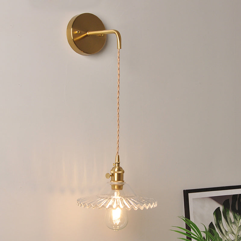 Lisslune | Shaped Clear/Opal Glass Wall Lamp Industrial Single Bulb Bedroom Sconces Light in Brass