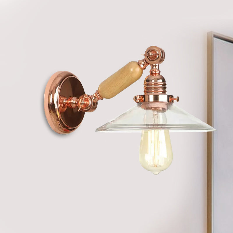 Lisslune | 1 Light Clear Glass Wall Light Rustic Rose Gold Cone Living Room Lighting with Rotatable Arm