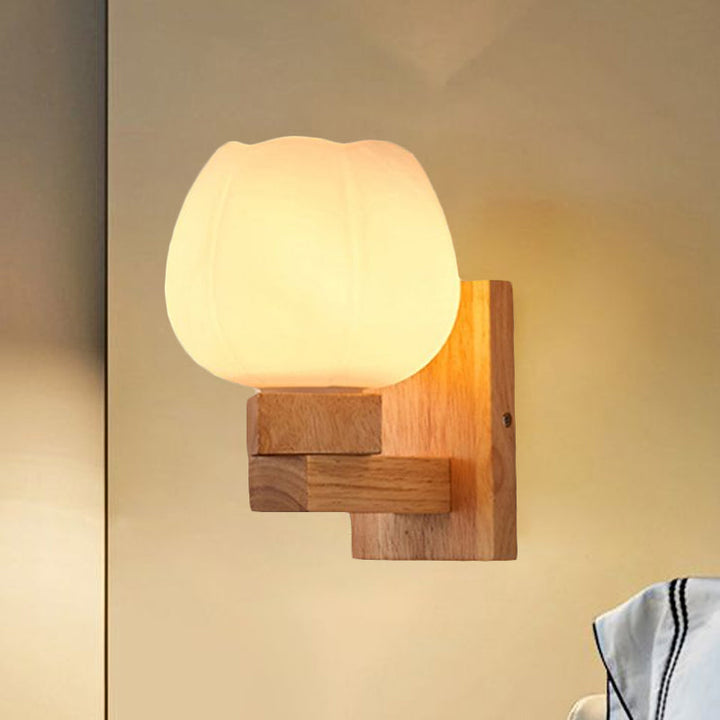 Lisslune | Single Bulb Opal Glass Wall Light Nordic Wood Bowl Bedroom Lighting Fixture