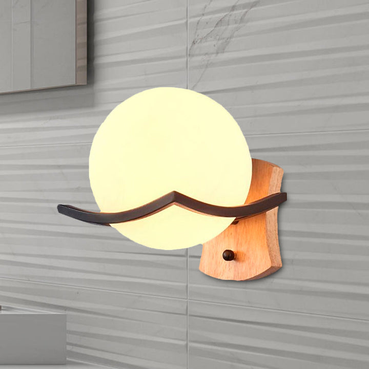 Lisslune | Opal Glass Globe Wall Lamp Nordic Single Lamp Living Room Lighting Fixture in Wood