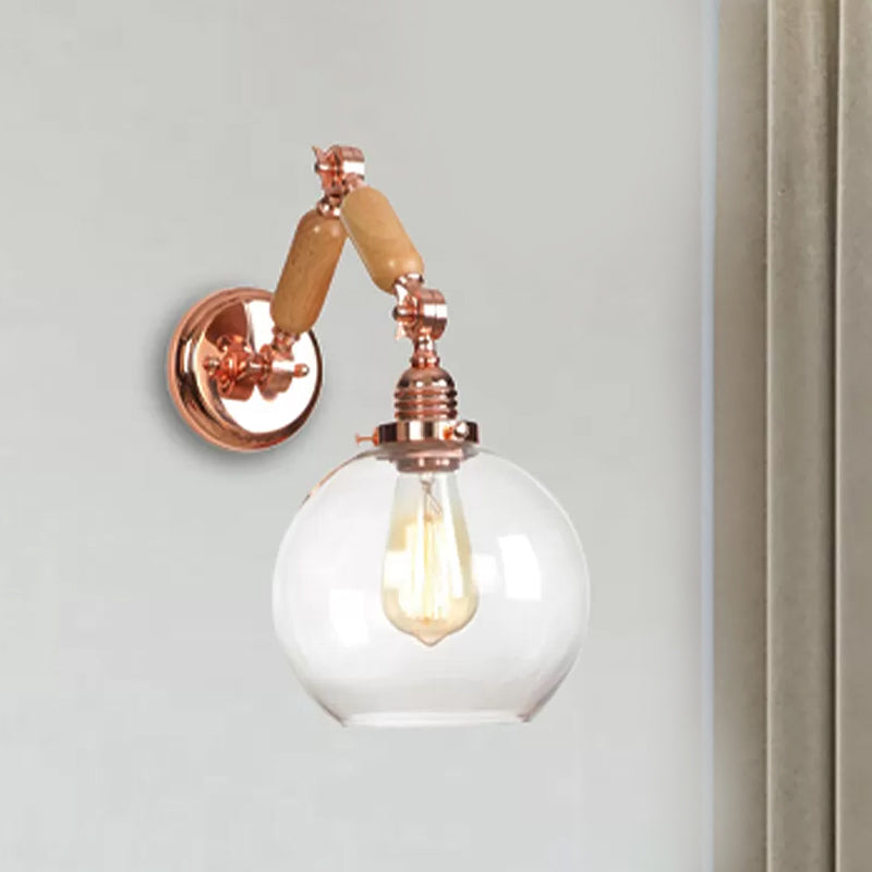 Lisslune | 1 Bulb Globe Wall Mounted Light Fixture Rustic Rose Gold Clear Glass Lighting with Retractable Arm