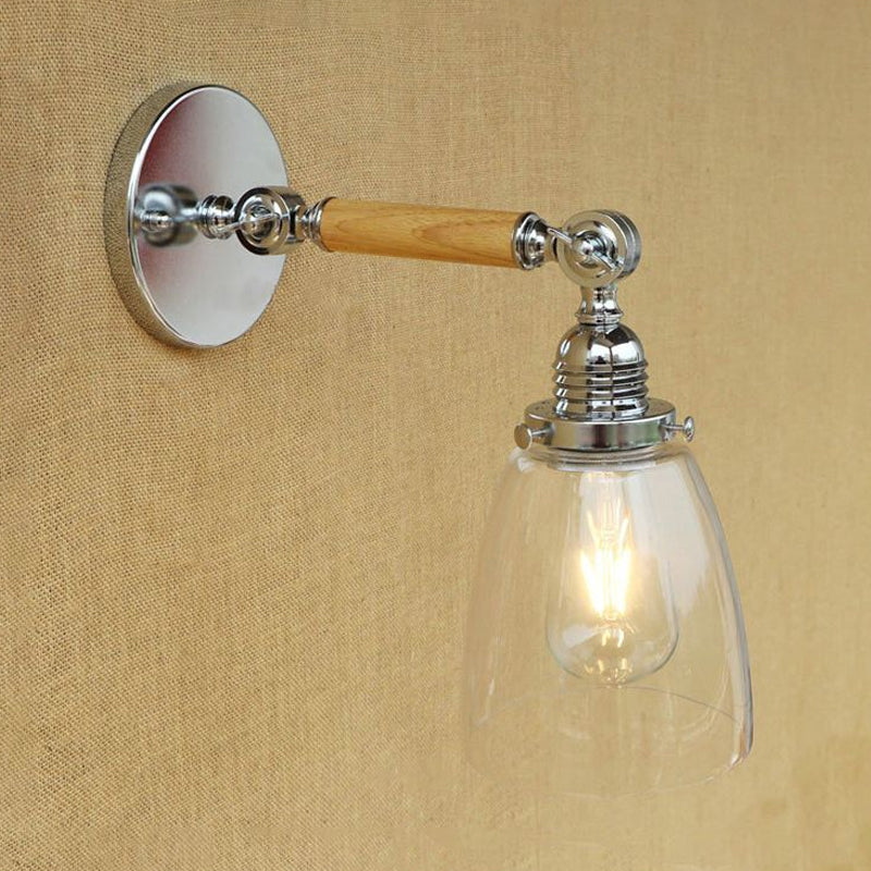Lisslune | Single-layer wall lamp with dome shade clear glass industrial living room light, 8"/4"/6" L wood arm