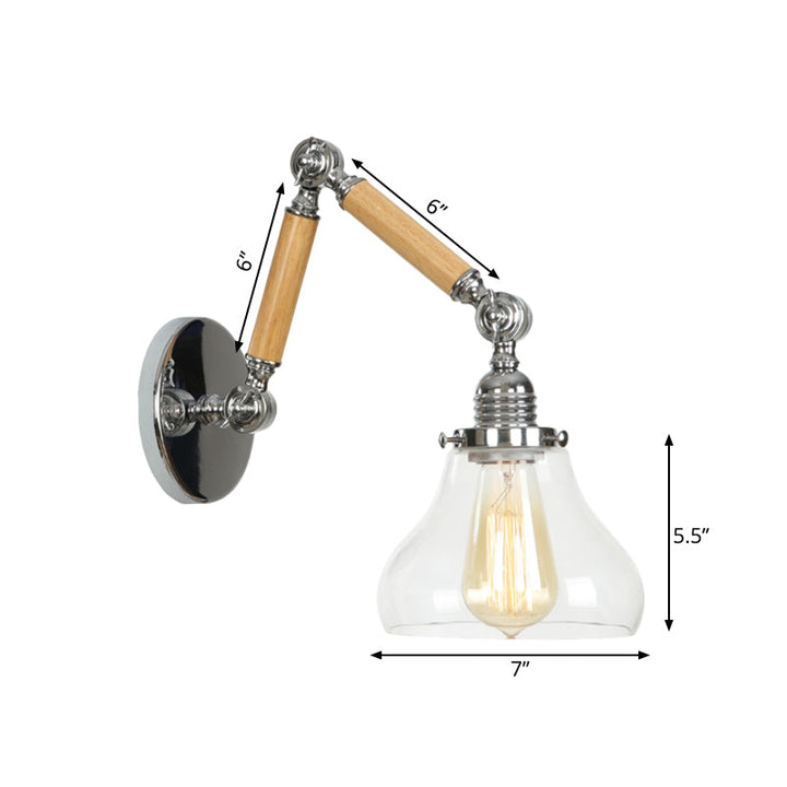 Lisslune | Gourd Living Room Wall Light Fixture Industrial Clear Glass 1 Light Chrome Wall Lamp with 8"+8"/6"+6"/8"+4" Wood Arm