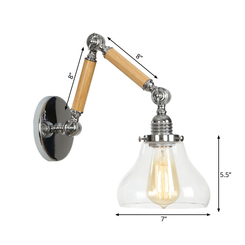 Lisslune | Gourd Living Room Wall Light Fixture Industrial Clear Glass 1 Light Chrome Wall Lamp with 8"+8"/6"+6"/8"+4" Wood Arm