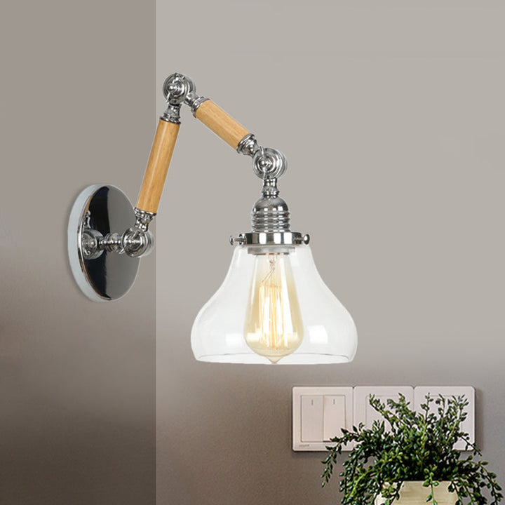 Lisslune | Gourd Living Room Wall Light Fixture Industrial Clear Glass 1 Light Chrome Wall Lamp with 8"+8"/6"+6"/8"+4" Wood Arm