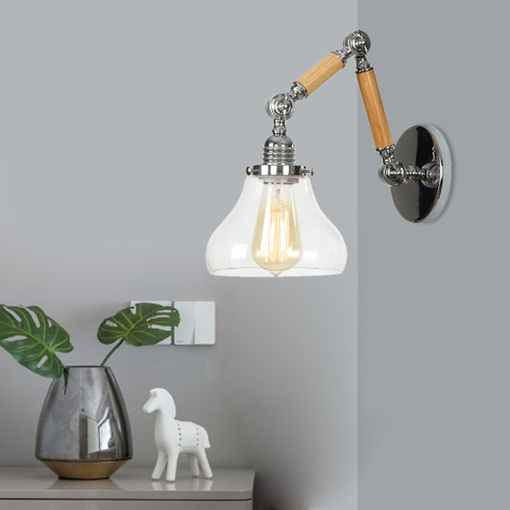 Lisslune | Gourd Living Room Wall Light Fixture Industrial Clear Glass 1 Light Chrome Wall Lamp with 8"+8"/6"+6"/8"+4" Wood Arm
