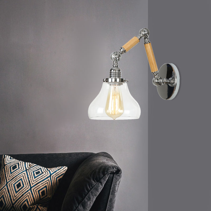 Lisslune | Gourd Living Room Wall Light Fixture Industrial Clear Glass 1 Light Chrome Wall Lamp with 8"+8"/6"+6"/8"+4" Wood Arm