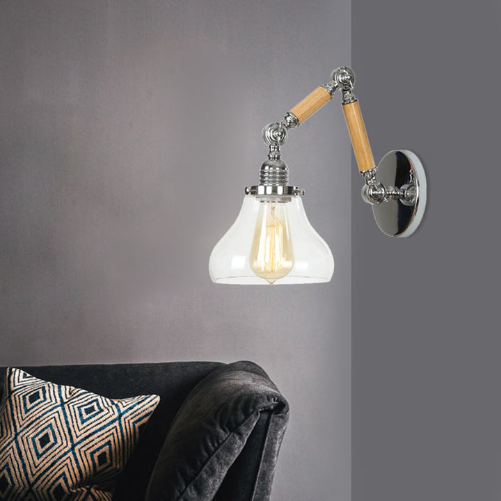 Lisslune | Gourd Living Room Wall Light Fixture Industrial Clear Glass 1 Light Chrome Wall Lamp with 8"+8"/6"+6"/8"+4" Wood Arm