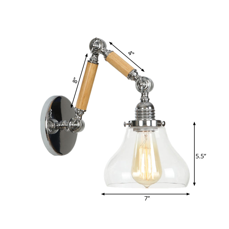 Lisslune | Gourd Living Room Wall Light Fixture Industrial Clear Glass 1 Light Chrome Wall Lamp with 8"+8"/6"+6"/8"+4" Wood Arm
