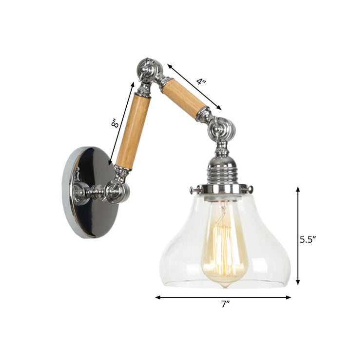 Lisslune | Gourd Living Room Wall Light Fixture Industrial Clear Glass 1 Light Chrome Wall Lamp with 8"+8"/6"+6"/8"+4" Wood Arm