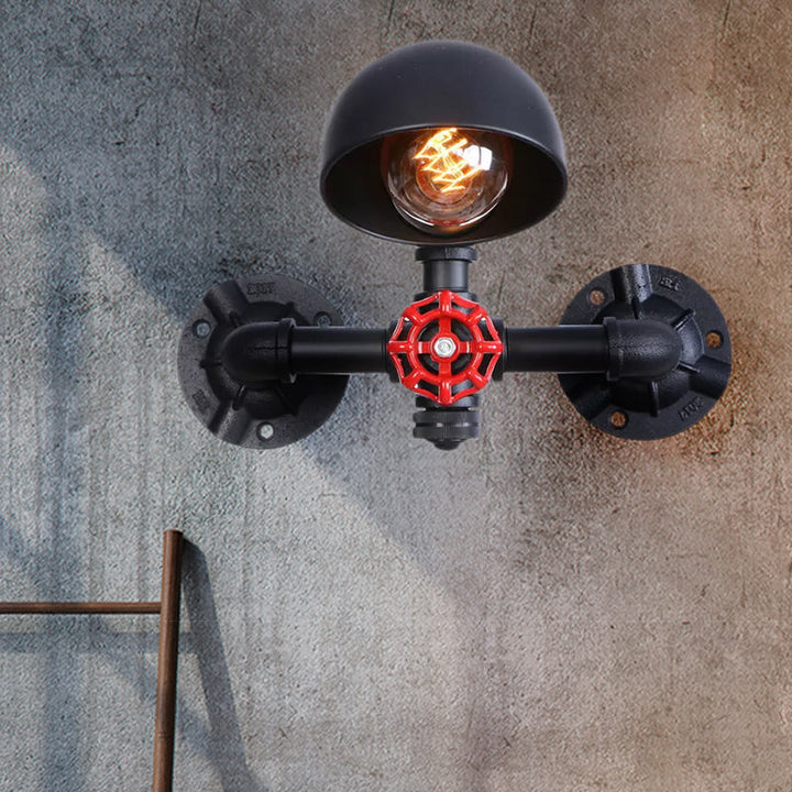 Lisslune | Steampunk Dome Wall Lamp Fixture with Valve Wheel 1 Head Metallic Wall Light in Black for Living Room