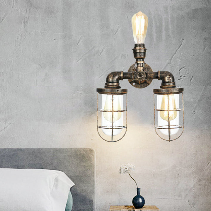 Lisslune | 3 Heads Water Pipe Wall Mounted Light with Cage Shade Nautical Design Antique Brass Iron Wall Lighting