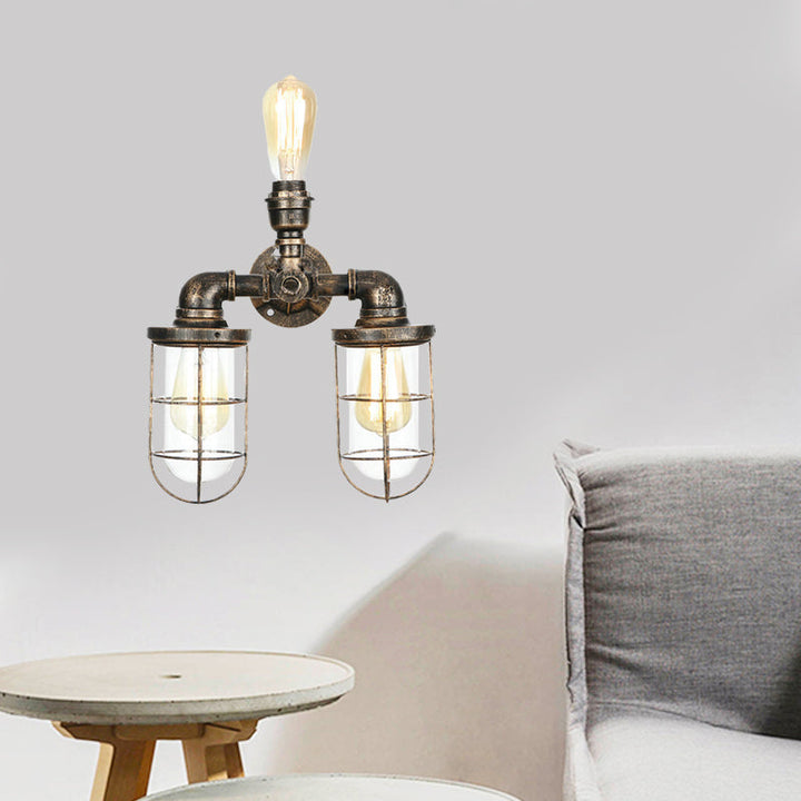 Lisslune | 3 Heads Water Pipe Wall Mounted Light with Cage Shade Nautical Design Antique Brass Iron Wall Lighting