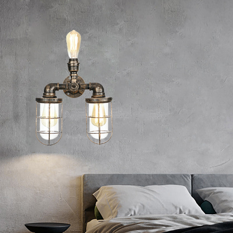 Lisslune | 3 Heads Water Pipe Wall Mounted Light with Cage Shade Nautical Design Antique Brass Iron Wall Lighting