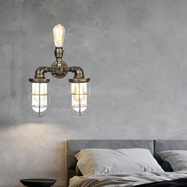 Lisslune | 3 Heads Water Pipe Wall Mounted Light with Cage Shade Nautical Design Antique Brass Iron Wall Lighting