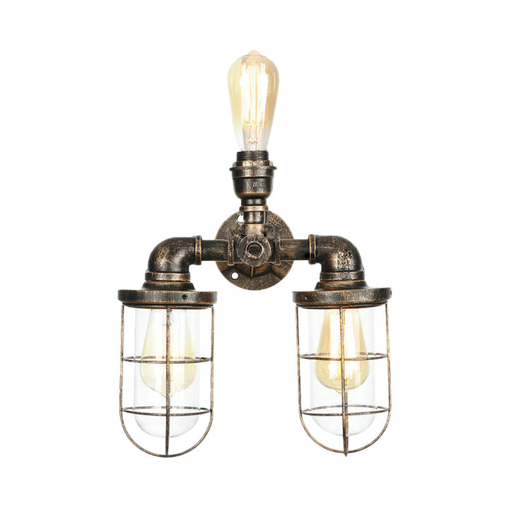 Lisslune | 3 Heads Water Pipe Wall Mounted Light with Cage Shade Nautical Design Antique Brass Iron Wall Lighting