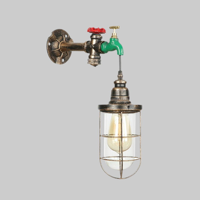 Lisslune | Faucet Design Metal Wall Lamp Steampunk Style 1 Bulb Balcony Wall Light with Wire Protection in Antique Bronze