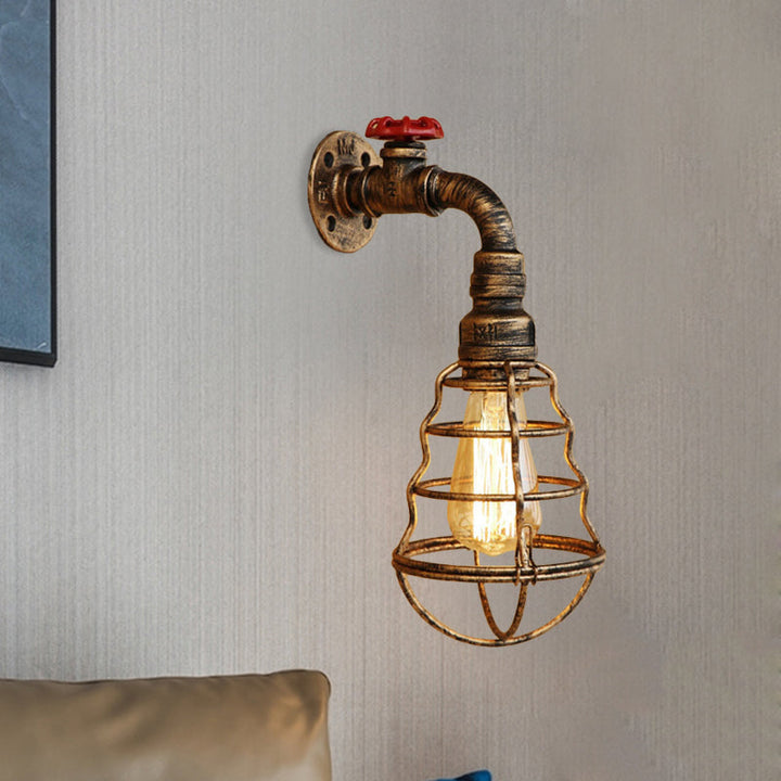 Lisslune | 1 head cage bulb-shaped wall lamp farmhouse style antique bronze iron wall light with valve wheel