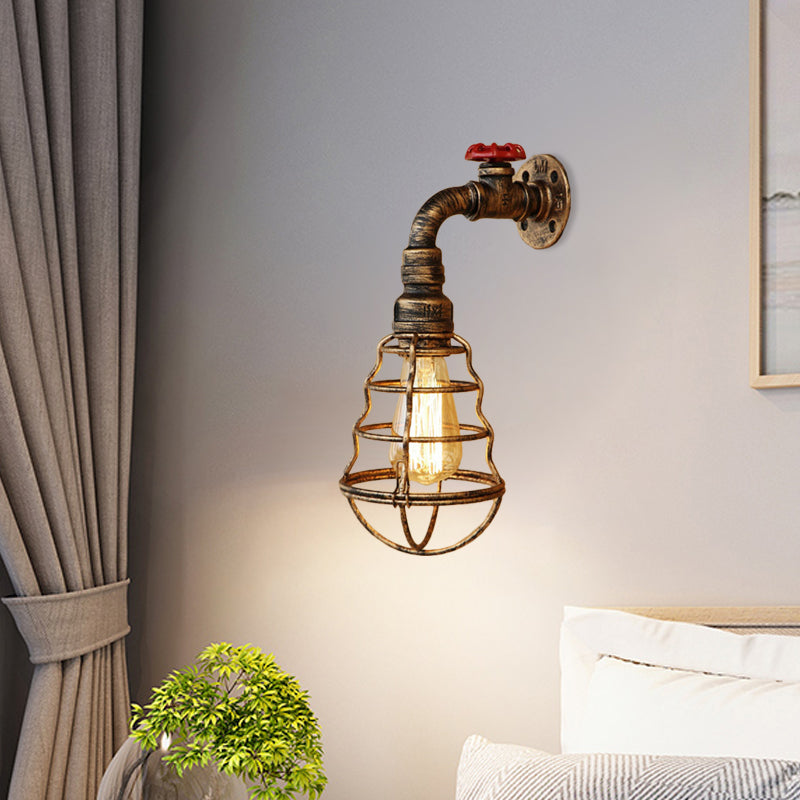 Lisslune | 1 head cage bulb-shaped wall lamp farmhouse style antique bronze iron wall light with valve wheel