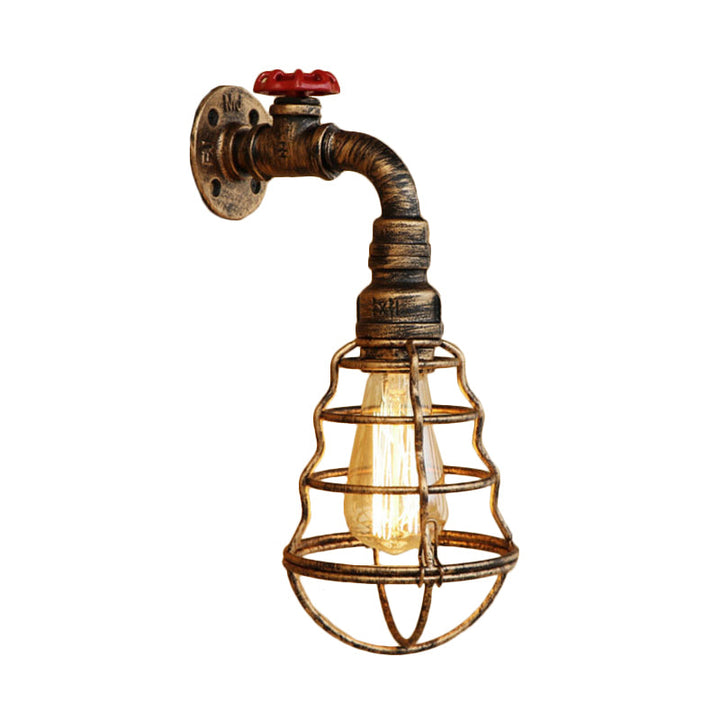 Lisslune | 1 head cage bulb-shaped wall lamp farmhouse style antique bronze iron wall light with valve wheel