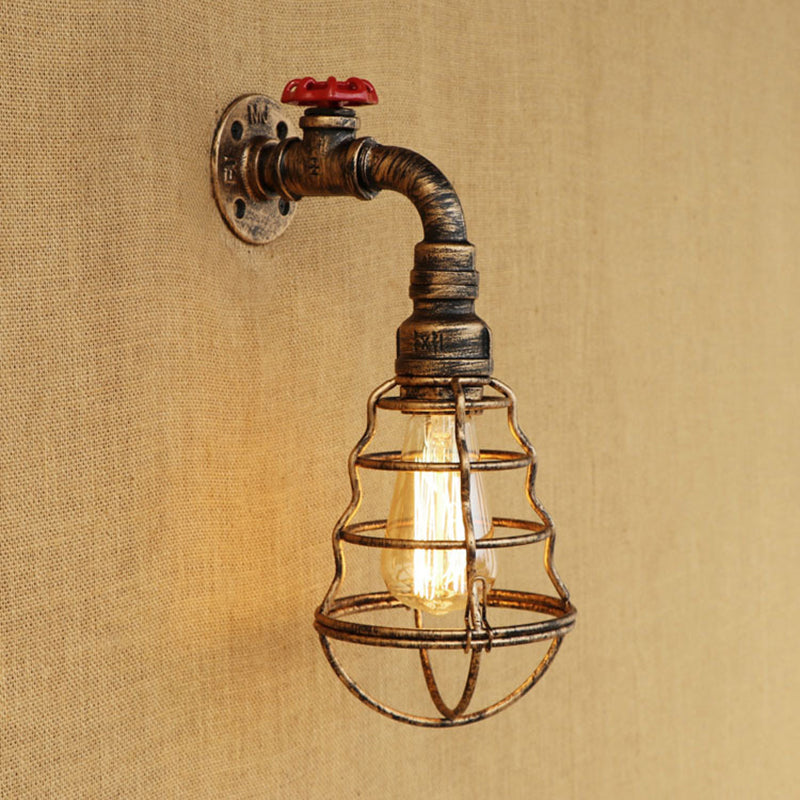 Lisslune | 1 head cage bulb-shaped wall lamp farmhouse style antique bronze iron wall light with valve wheel