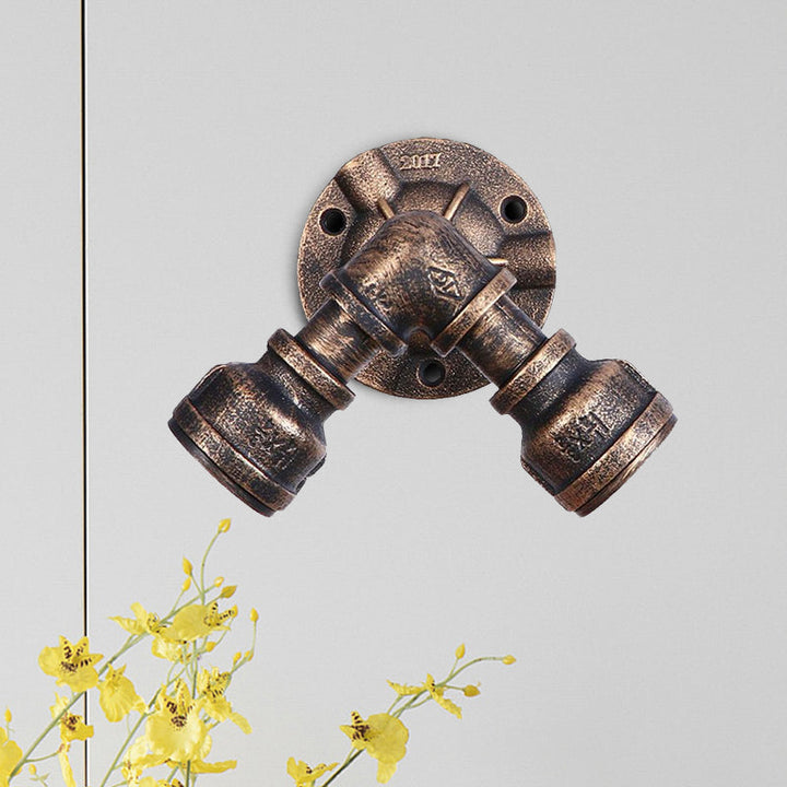 Lisslune | 2 Heads Wall Lamp Fixture with Pipe Forged Iron Shade Rustic Style Living Room Wall Lamp Light in Aged Bronze