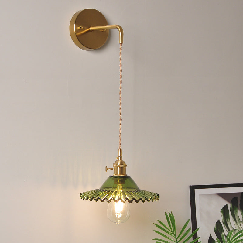 Lisslune | Green glass wavy wall lamp industrial 1 light living room lighting fixture in brass