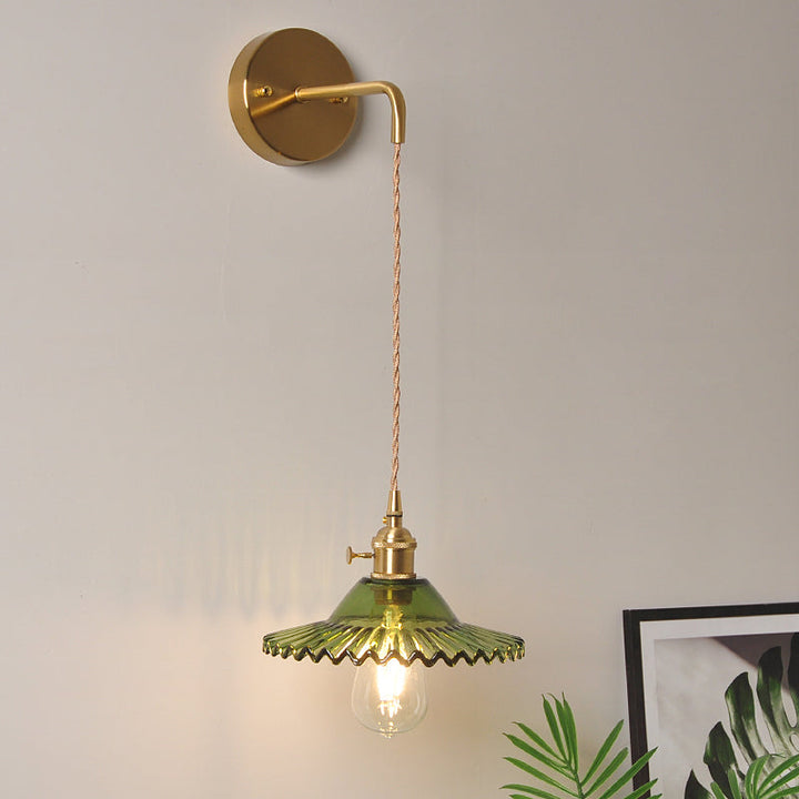 Lisslune | Green glass wavy wall lamp industrial 1 light living room lighting fixture in brass