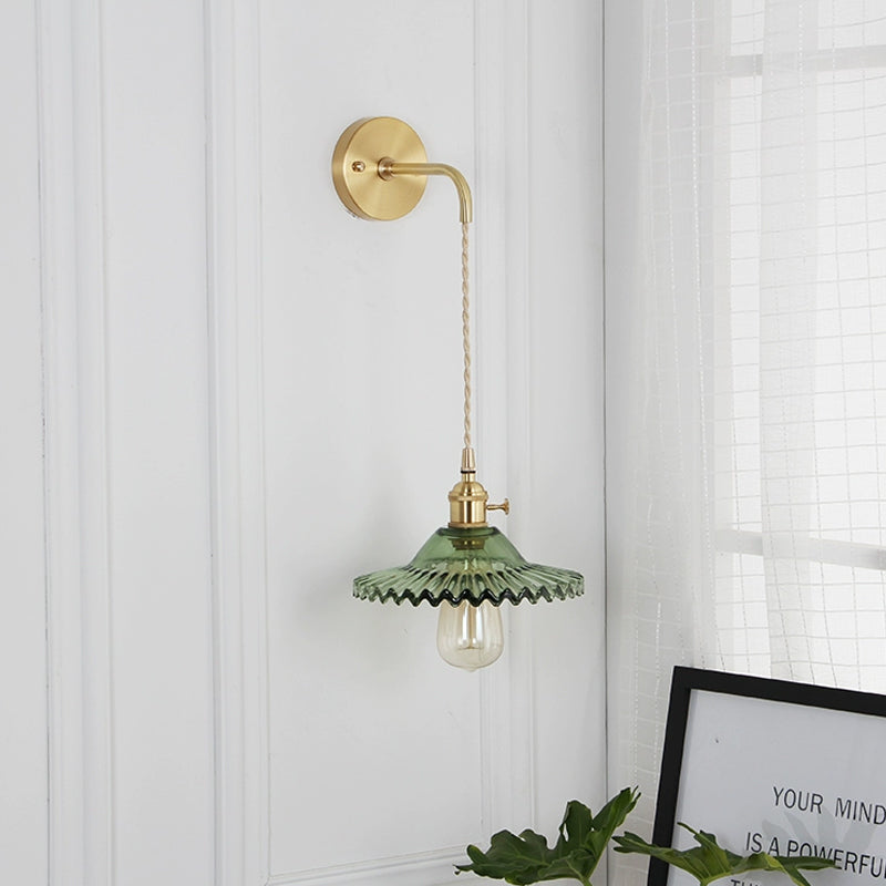 Lisslune | Green glass wavy wall lamp industrial 1 light living room lighting fixture in brass