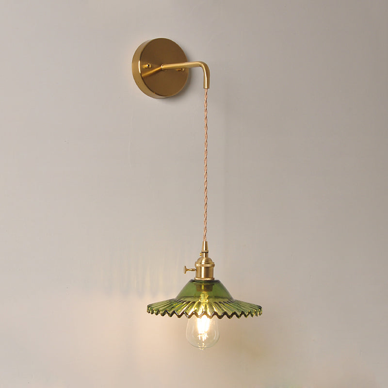 Lisslune | Green glass wavy wall lamp industrial 1 light living room lighting fixture in brass