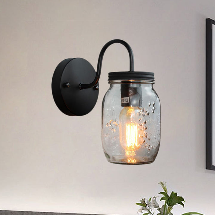 Lisslune | Black Jar Shade Wall Lighting Industrial Clear Glass 1 Light Bedroom Wall Lamp with Floral Pattern