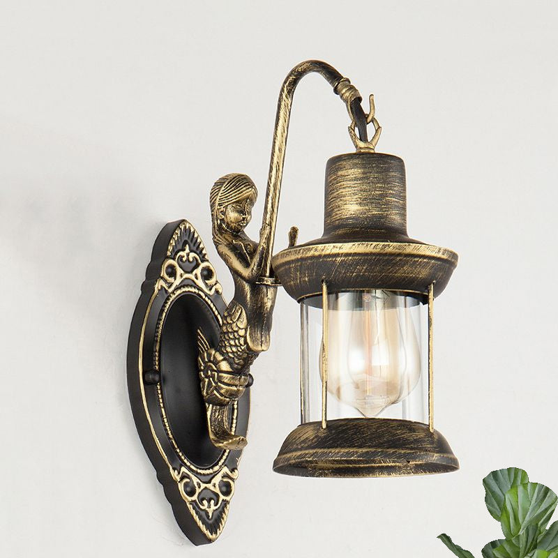 Skørter | Clear Glass Bronze Wall Light Lantern 1-Light Industrial Wall Lamp Fixture with Mermaid Decoration