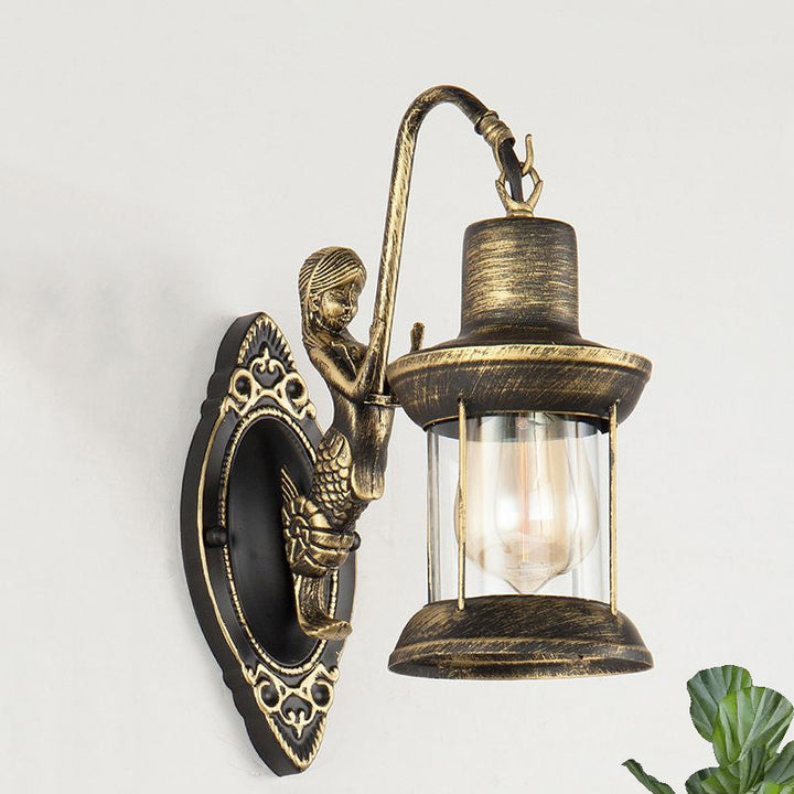 Skørter | Clear Glass Bronze Wall Light Lantern 1-Light Industrial Wall Lamp Fixture with Mermaid Decoration