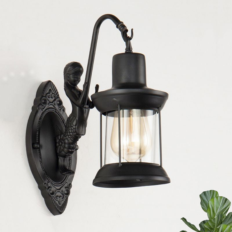 Skørter | 1 Light Clear Glass Wall Sconce Light Industrial Black Lantern Outdoor Lighting Fixture with Mermaid Decoration