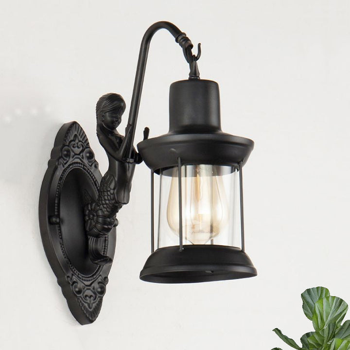 Skørter | 1 Light Clear Glass Wall Sconce Light Industrial Black Lantern Outdoor Lighting Fixture with Mermaid Decoration